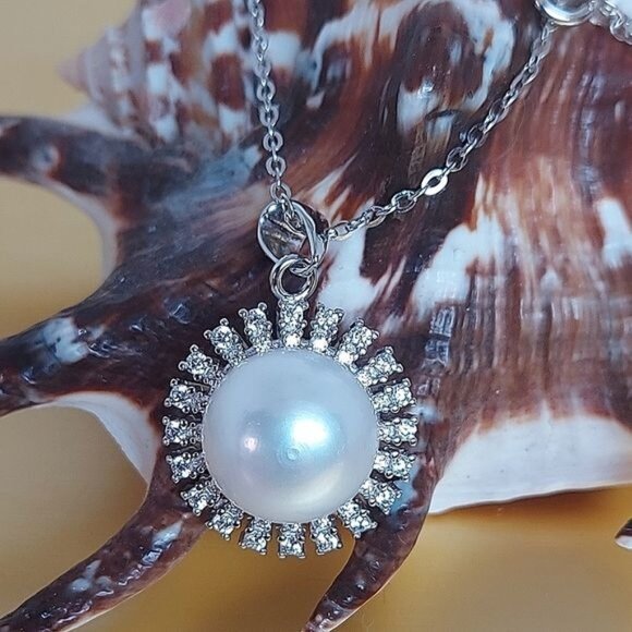 Natural Round Pearl 11mm & Cz 925 Sterling Silver‎ Necklace 18" - Picture 5 of 5